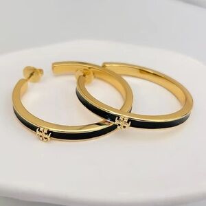 Tory Burch Gold Hoop Earrings with Black Inlay